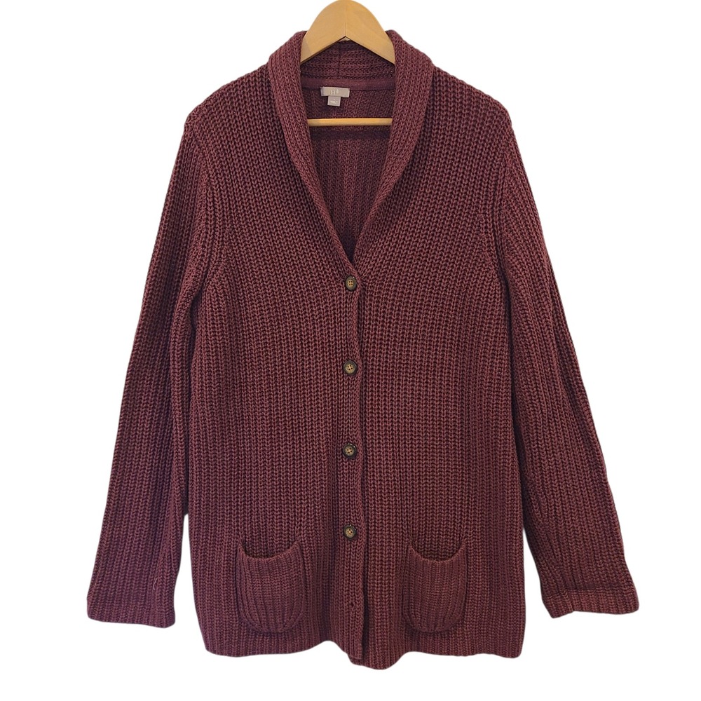 J. Jill Womens Large Burgundy Cotton Wool Shawl Cardigan Sweater Chunky Pockets